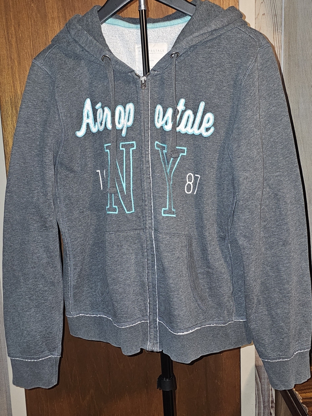 Aeropostale Charcoal Zip Hoodie with Aqua Accents Y2K